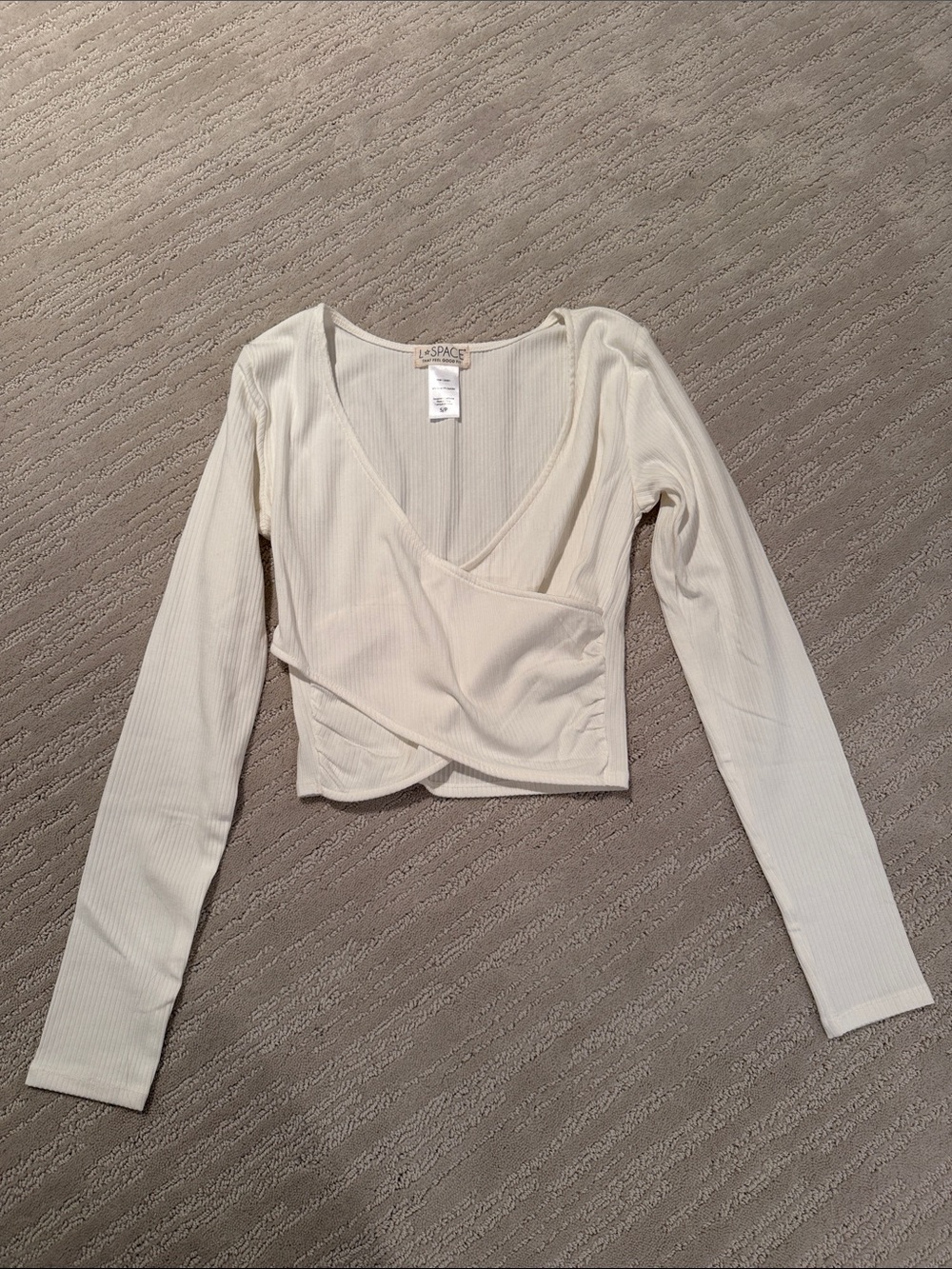 L*Space White Ribbed Wrap-Front Long Sleeve Top